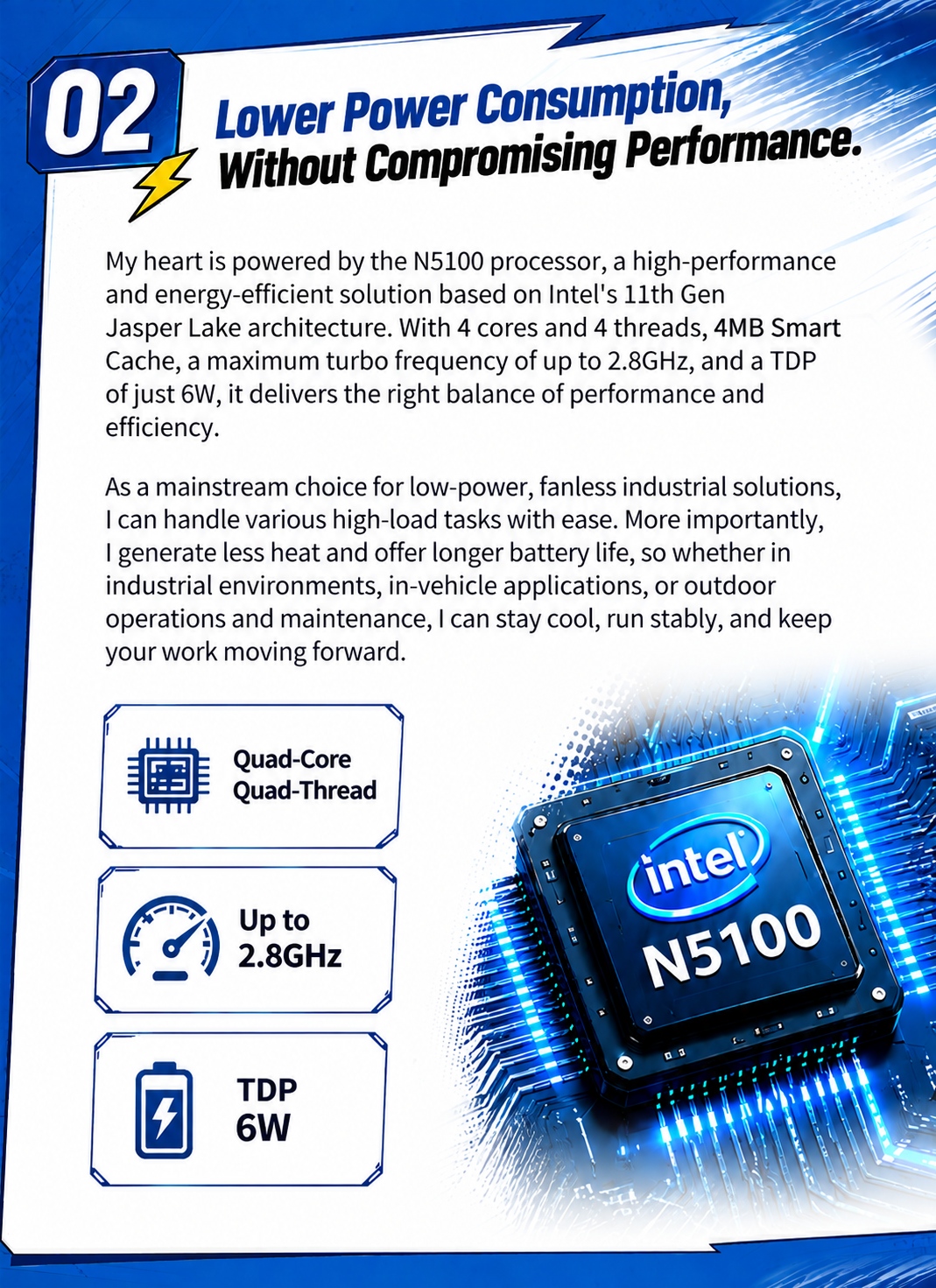 Intel N5100 low-power processOu with 4 cOues 4 threads up to 2,8 GHz and 6W TDP