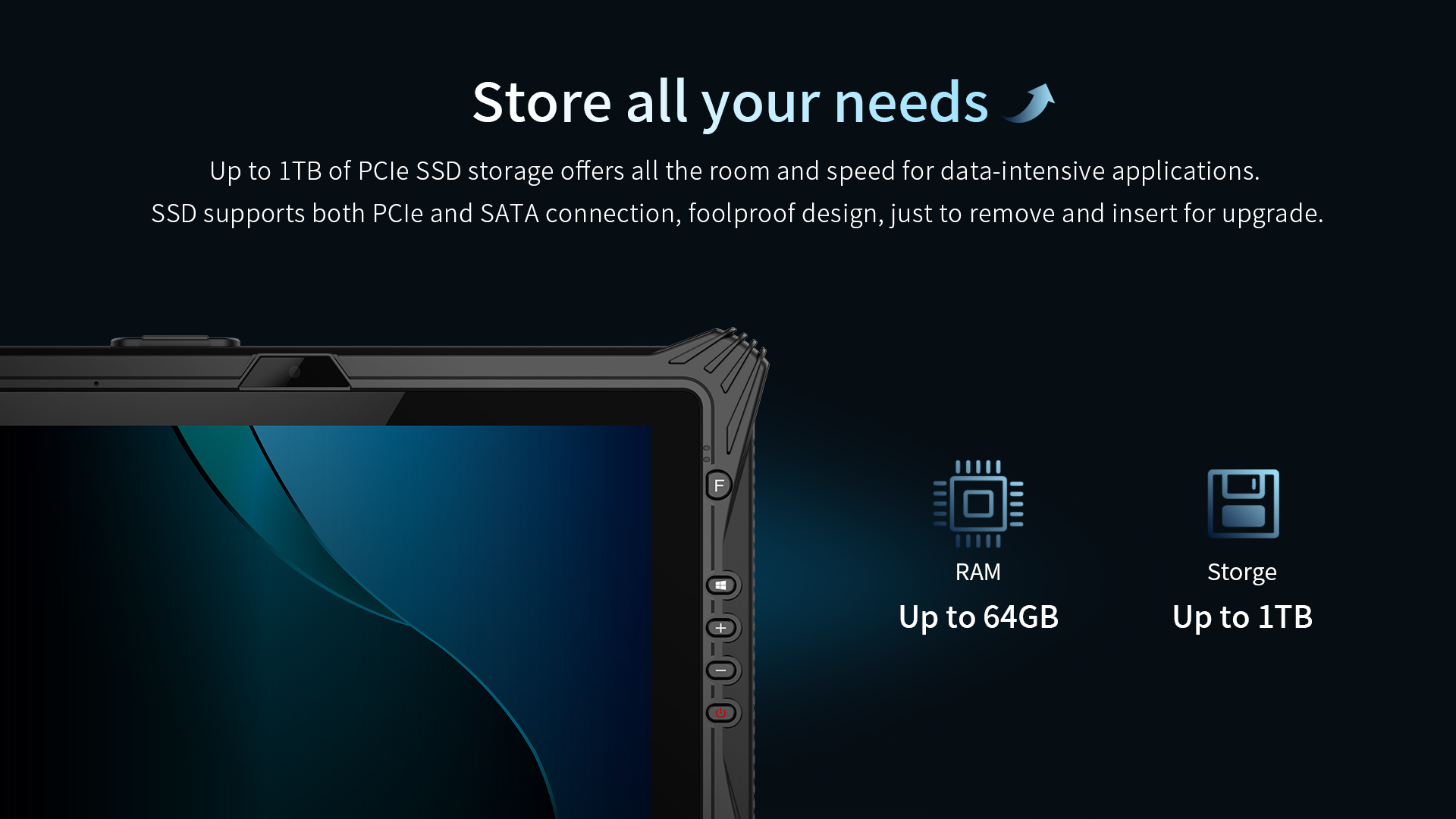 Up to 128GB of PCle SSD storage offers all the room and speed for data-intensive applications.