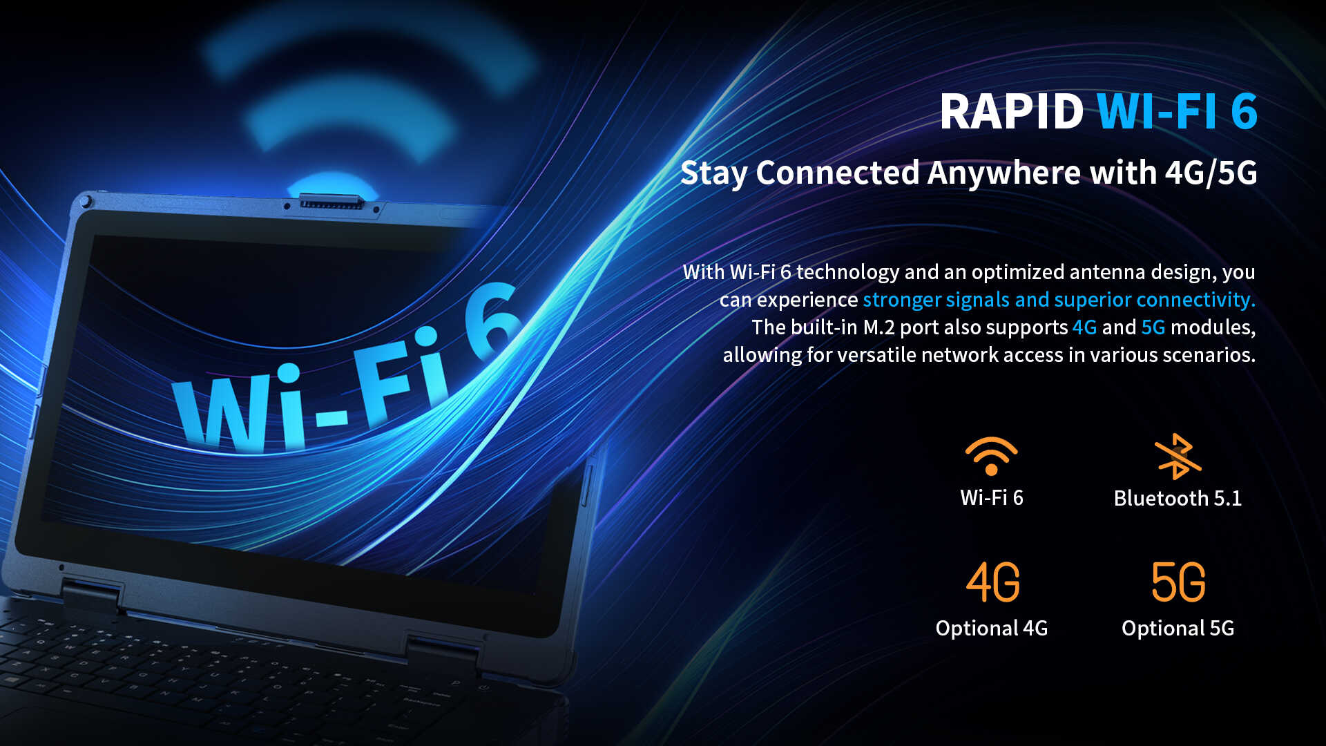 A graphic illustrating the device's advanced wireless connectivity features, including Rapid Wi-Fi 6, Bluetooth 5.1, and optional 4G/5G cellular modules.