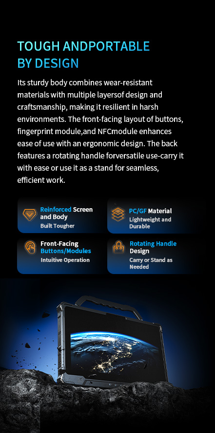 An overview of the tablet's tough and portable design, highlighting its reinforced PC/GF body and a multi-functional rotating handle for carrying or use as a stand.