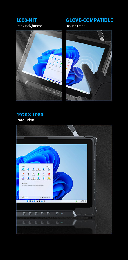 A three-panel graphic showcasing the tablet's screen features: its 1920x1080 resolution, 1000-nit peak brightness, and glove-compatible touch panel.