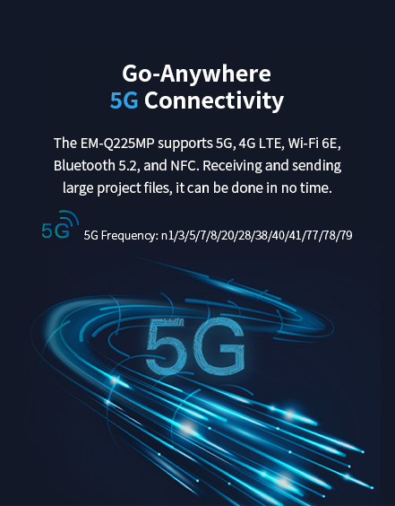 5G Connectivity The EM-Q225MP supports 5G, 4G LTE,Wi-Fi 6E, Bluetooth 5.2, and NFC.
