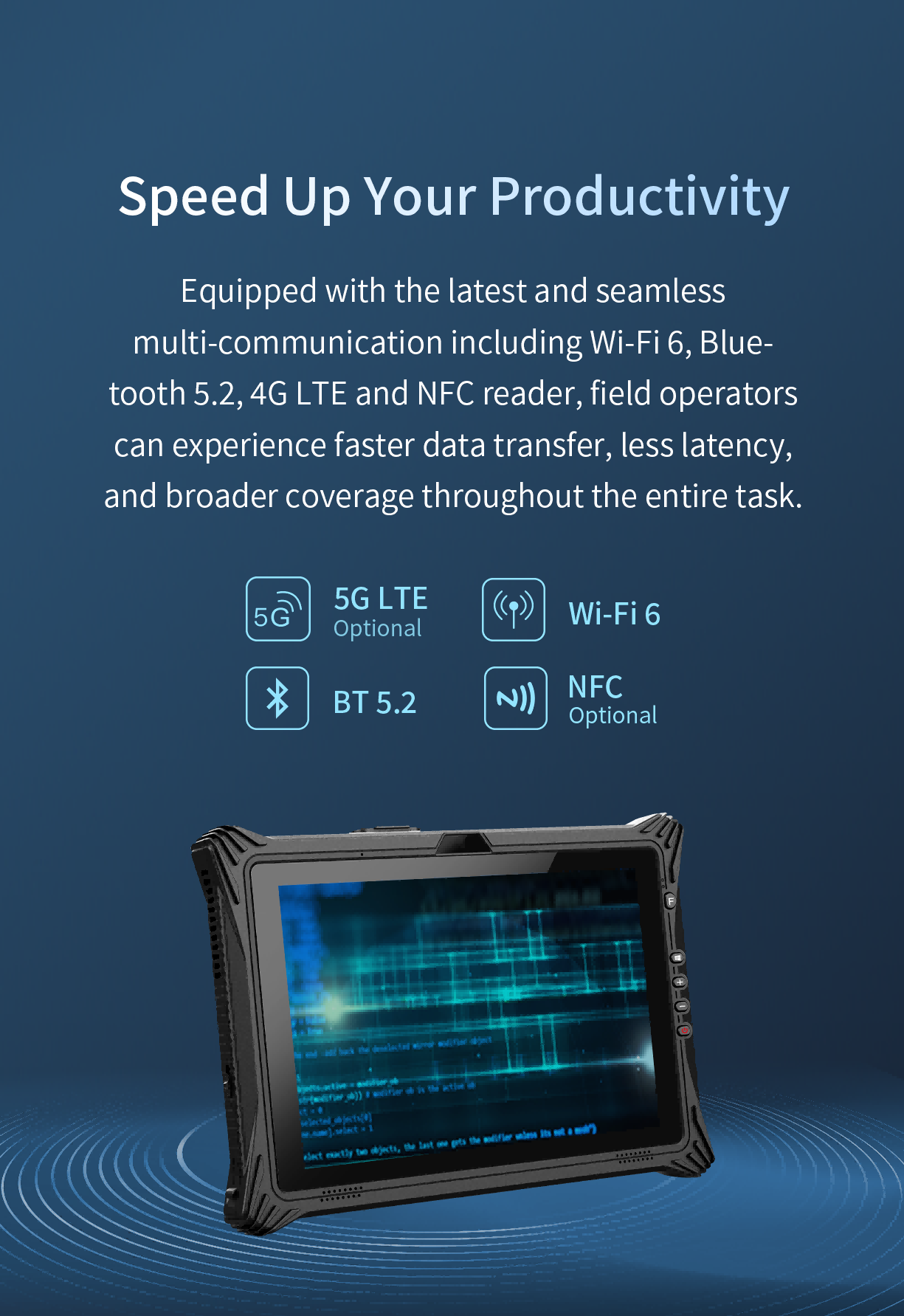 Equipped with the latest and seamless multi-communication including Wi-fi 6, Bluetooth 5.2, 56 LTE and NFC reader