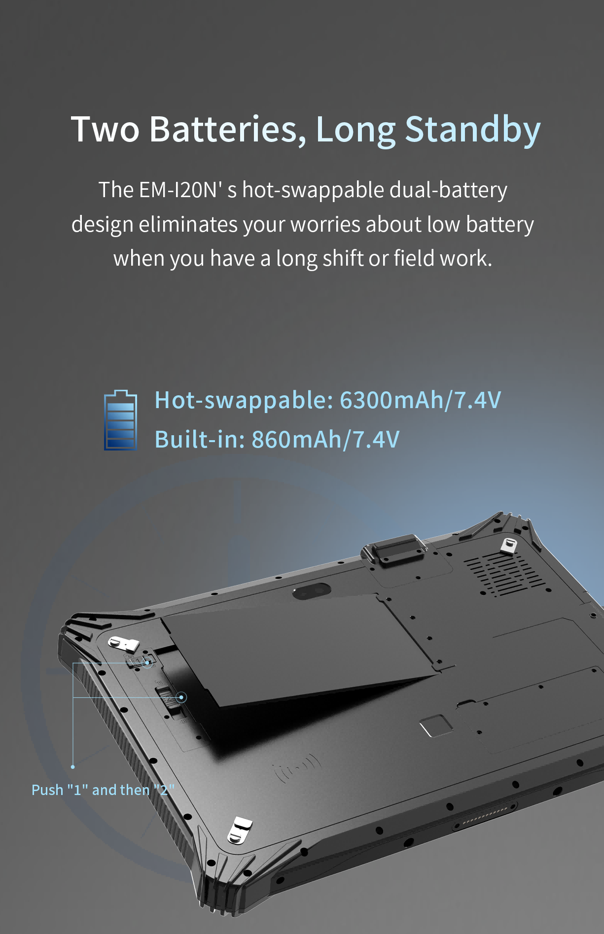 The EM-120N's hot-swappable dual-battery design eliminates yourworries about low battery when you have a long shift or field work.