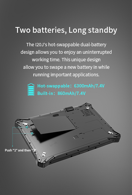 The l20J's hot-swappable dual-battery design allows youto enjoy an uninterrupted working time.