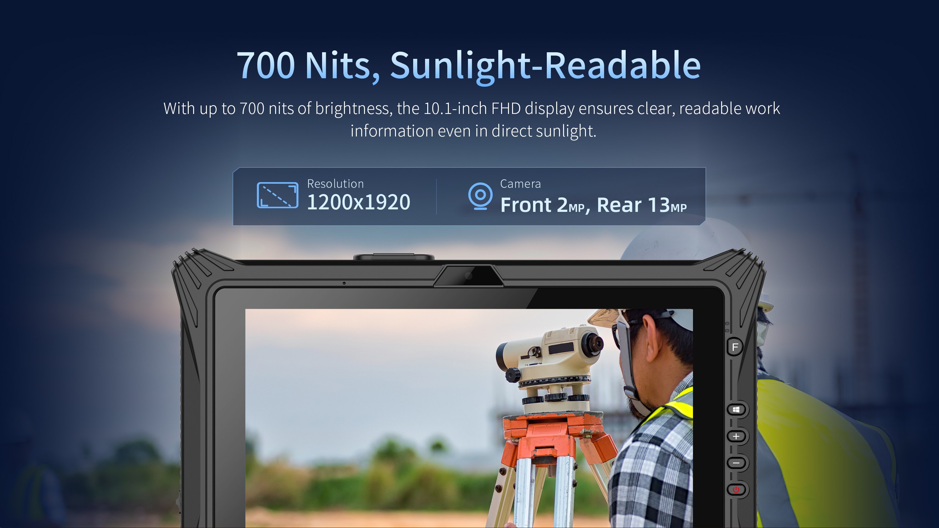 EM-I10L rugged tablet with 10.1 inch FHD 700 nits sunlight readable display 1200x1920 resolution front 2MP camera and rear 13MP camera