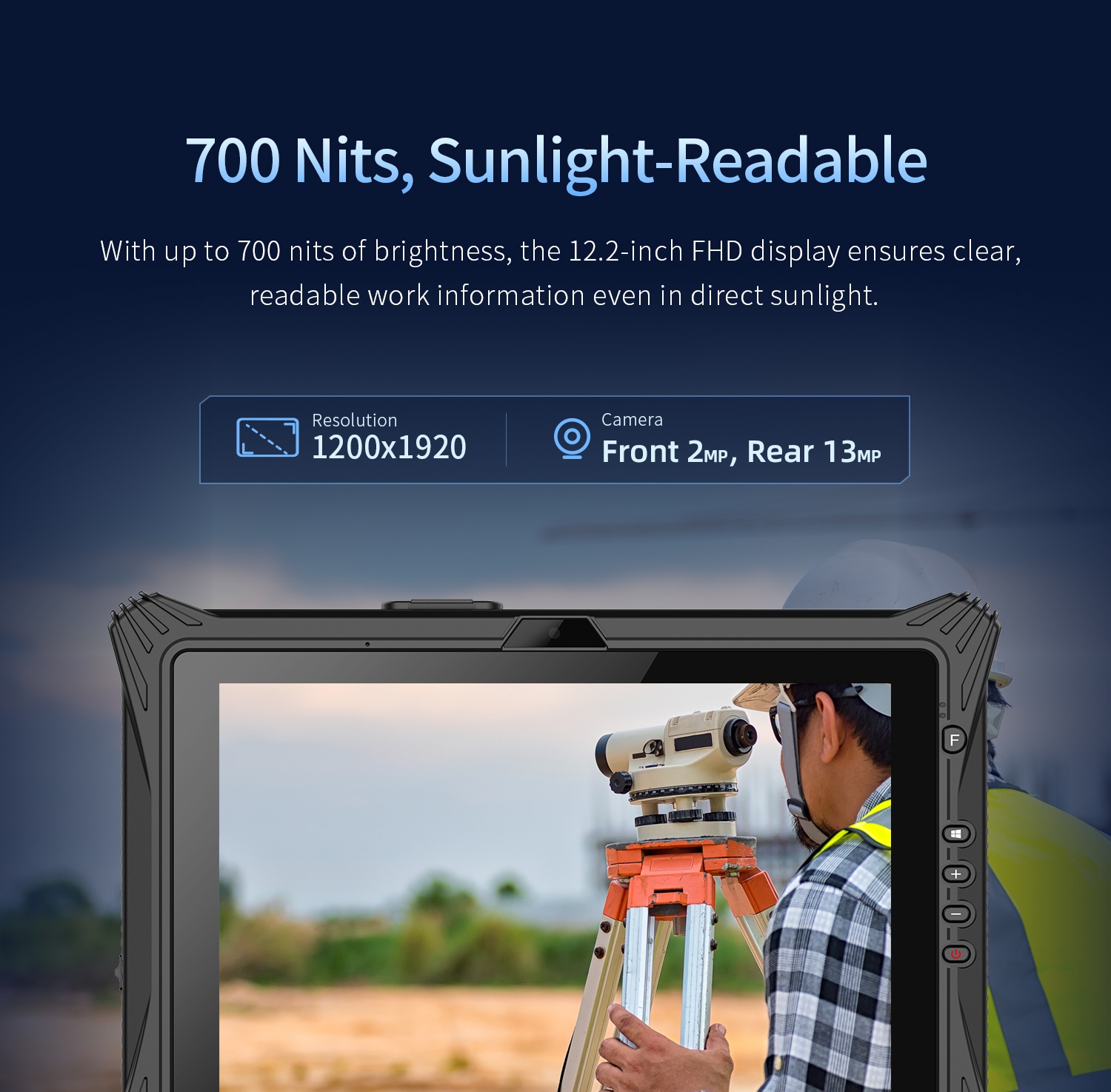 EM-I20L 12.2 inch rugged Windows tablet with 700 nits display and front rear cameras for field work