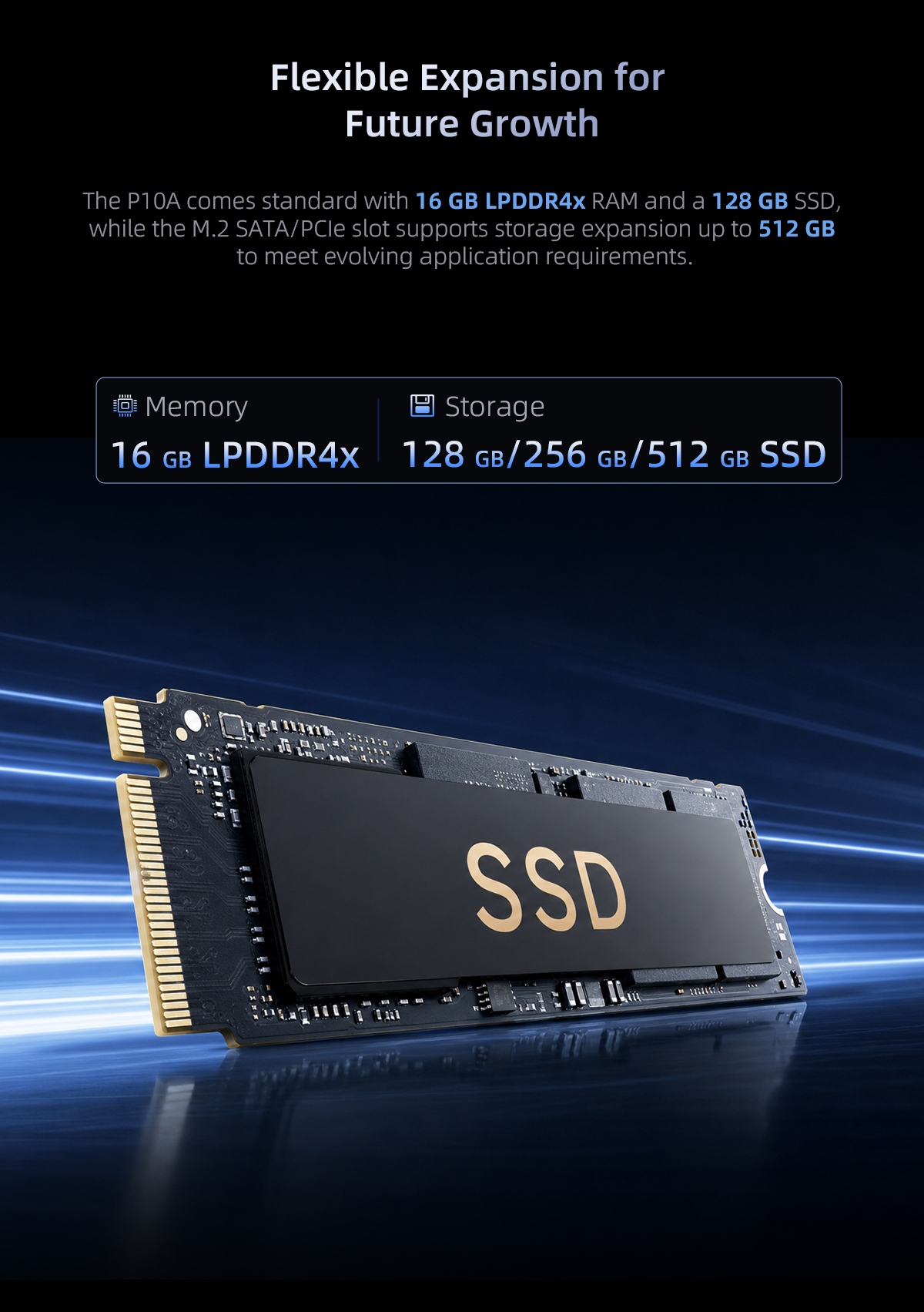 P10A Windows industrial panel PC with 16GB memory and optional PCIe SSD storage up to 512GB