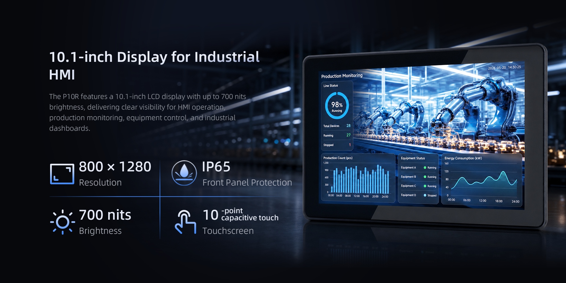 P10R 10.1-inch Android industrial panel PC with 800 x 1280 display, 700 nits brightness, 10-point capacitive touchscreen and IP65 front panel