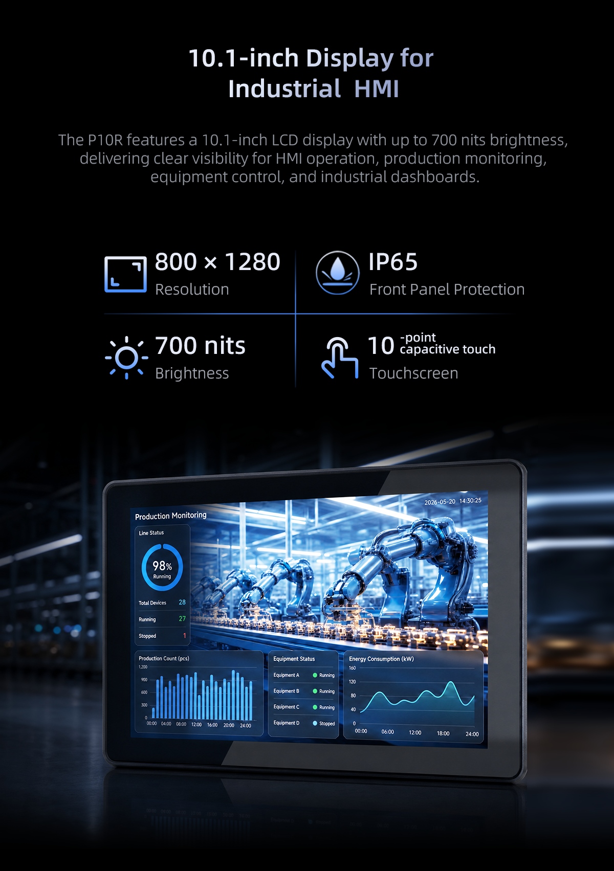 P10R Android industrial panel PC with 10.1-inch touchscreen and IP65 front panel