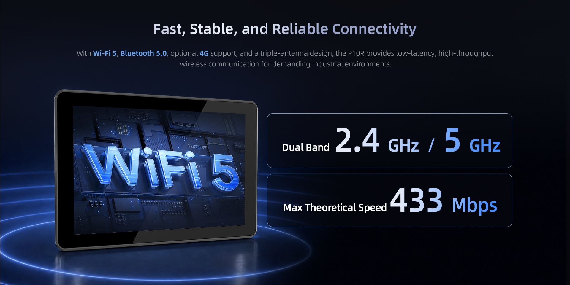 P10R Android industrial panel PC with Wi-Fi 5, Bluetooth 5.0 and optional 4G LTE connectivity