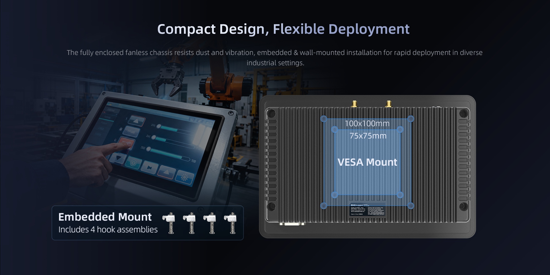 P10R Android industrial panel PC with embedded installation and 75 x 75 mm and 100 x 100 mm rear mounting patterns