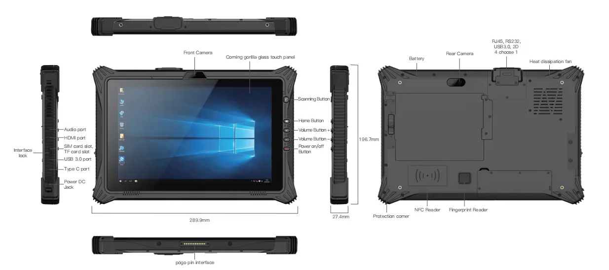Tablette EM-I10J 10.1 pouces Intel IP65 étanche et robuste Windows 10