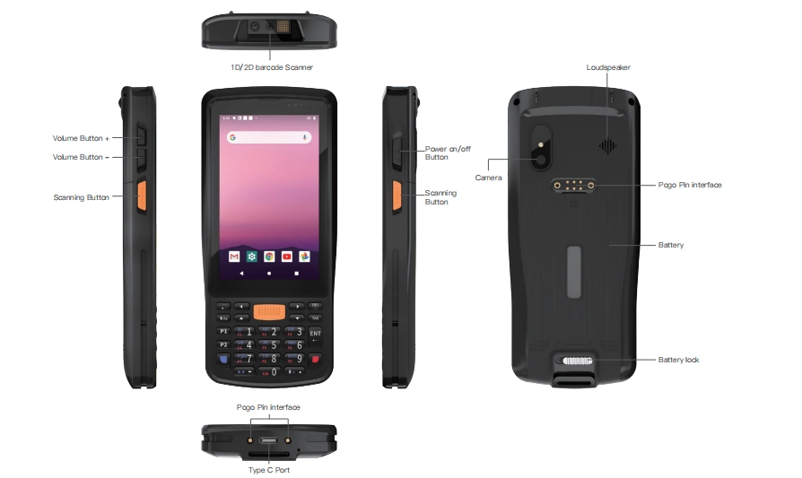 Six Views of 4'' Android Handheld EM-T40 Rugged PC